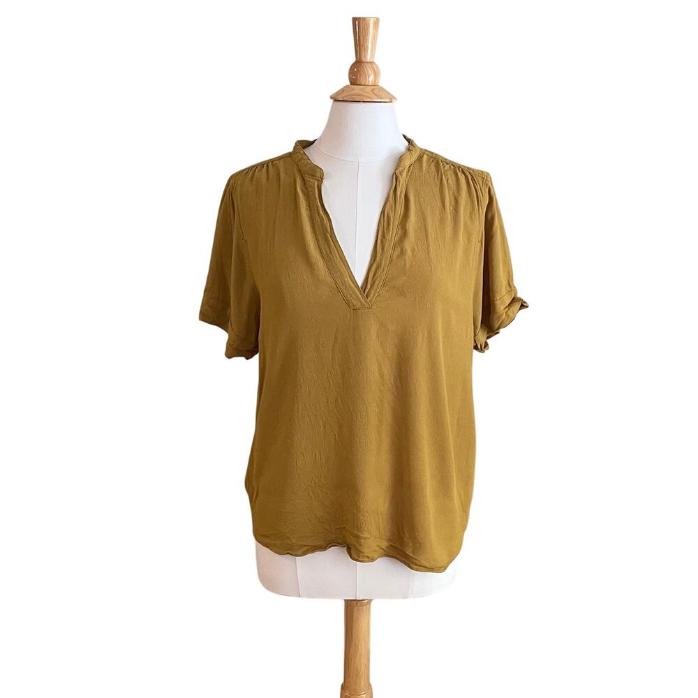 J. Crew Drapey Band Collar Popover Blouse V-Neck Mustard Yellow, Casual Career L
